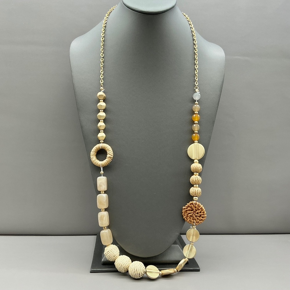 Plunder Necklace Women Gold Tone Mixed Bead Raffia Woven Boho Long Adjustable